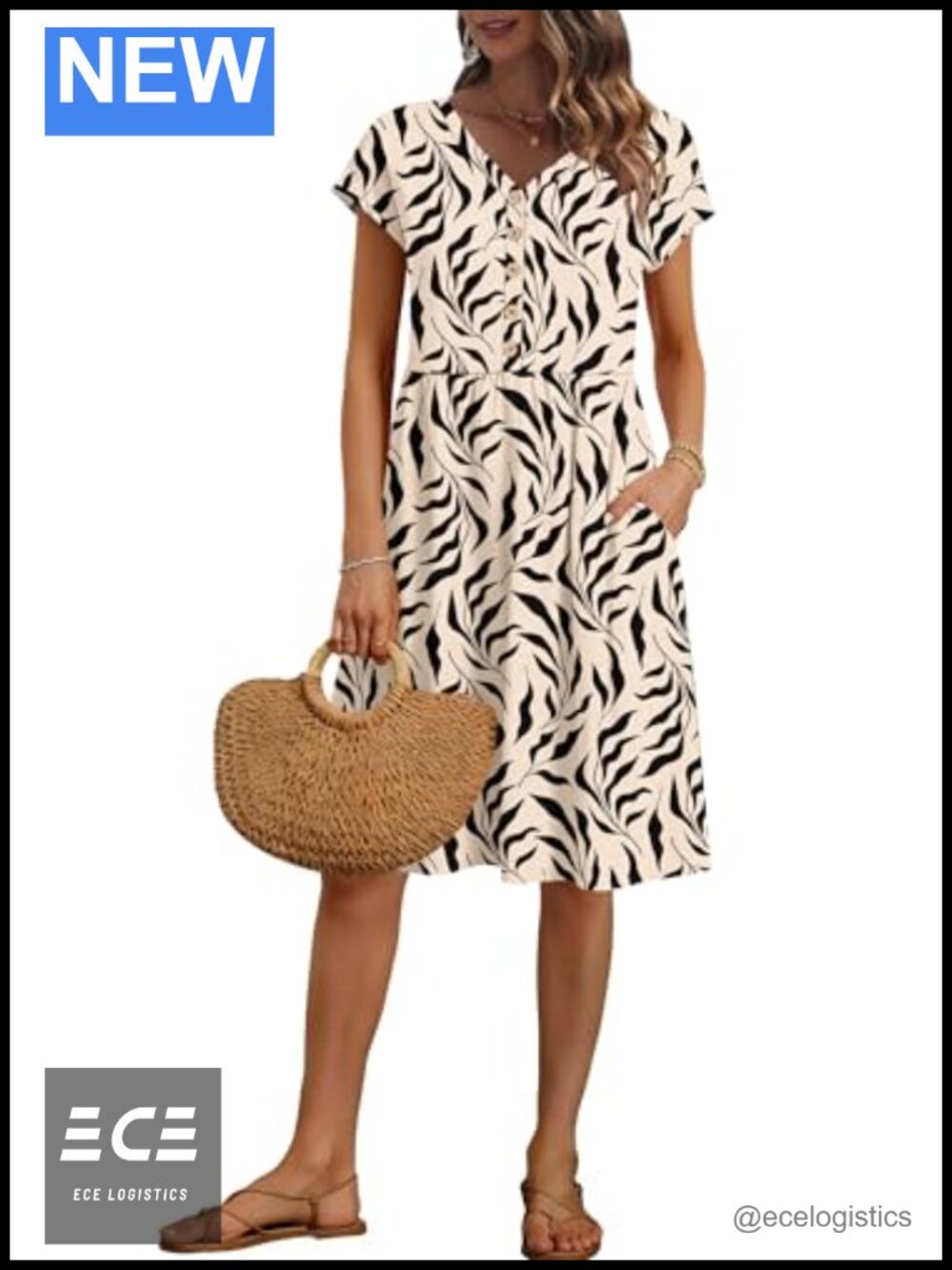 Women Summer Short Sleeve Knee-Length V Neck Dress with Pockets